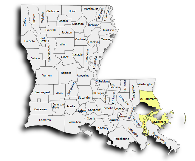 image of Louisiana with highlighted service area of Let There Be light Electric